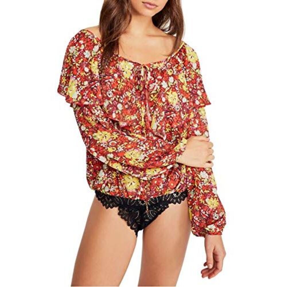 Intimately Free People Womens Long Sleeve Floral Ruffle Bodysuit Blouse Red